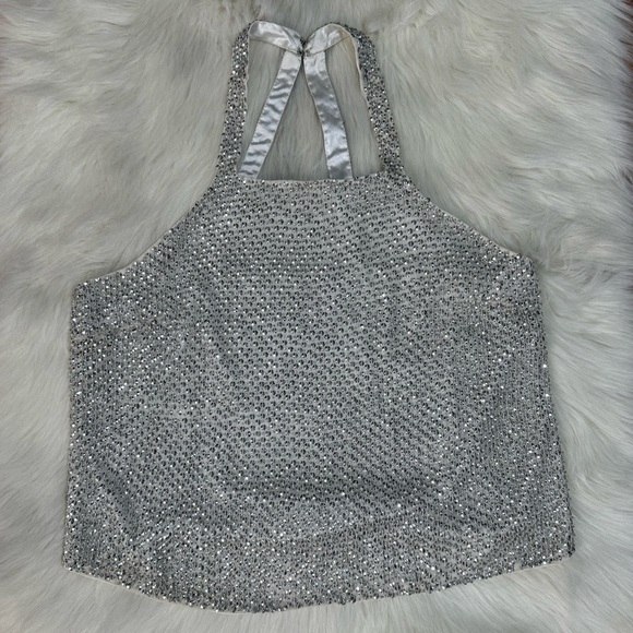 Revolve PARKER Justina Silk Silver Rhinestone Beaded Halter Tank Top Racerback - Picture 3 of 7